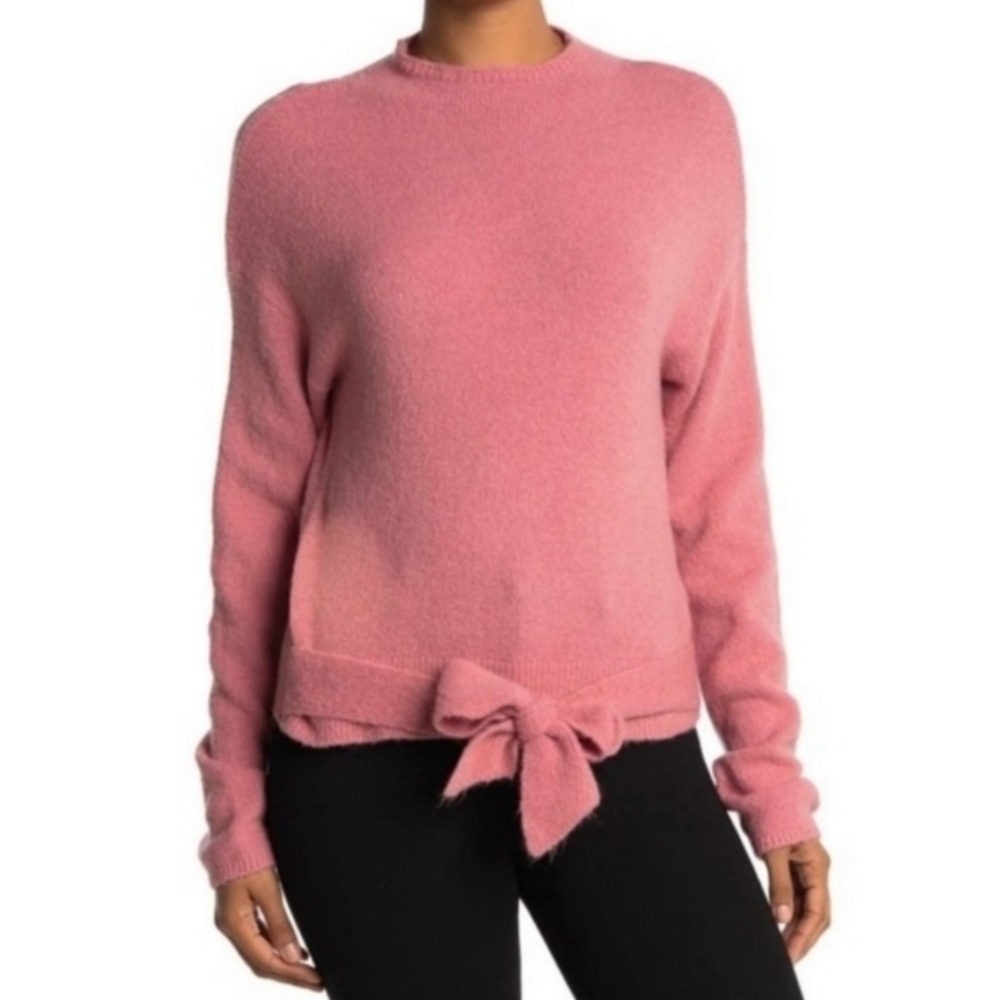 WAYF Tie Waist Sweater new NWT blush rose pink medium crew high neck wool bow